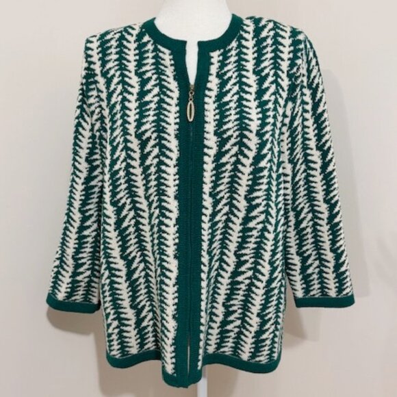 The Michael Collection Green & Cream Knit Zip Front Cardigan Sweater Size XL - Picture 1 of 5